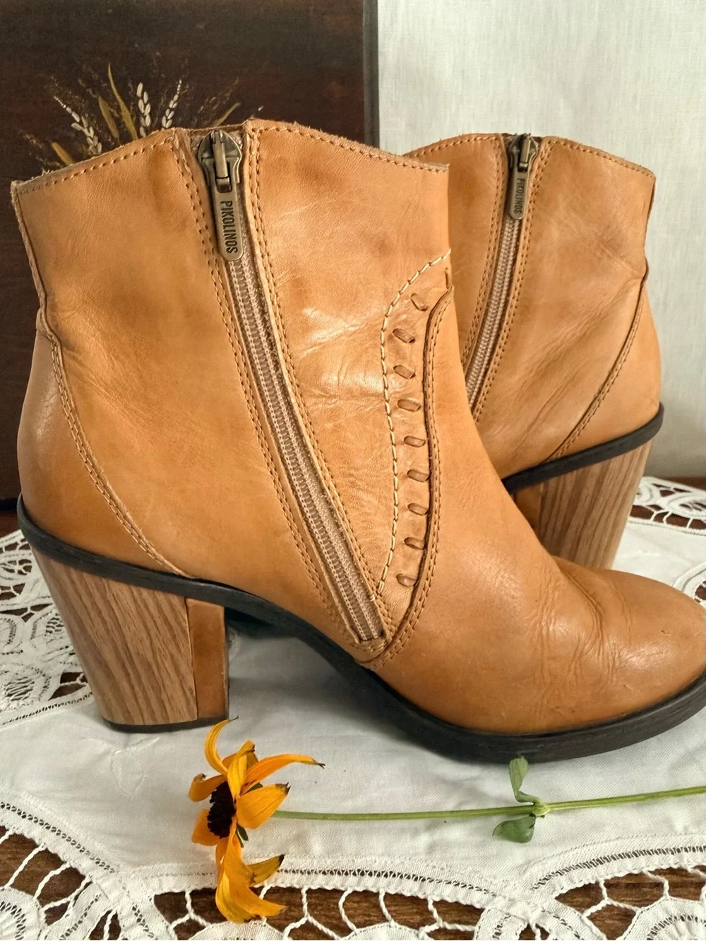 Pikolinos Leather Ankle Boots 38 US 7.5 8 Camel Tassel Boho Block Heel Boot